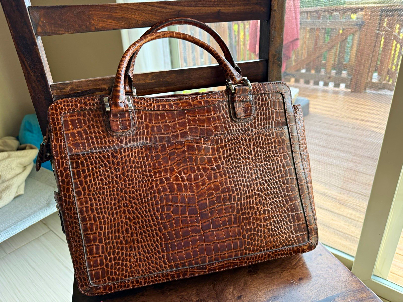Vintage FranklinCovey Brown Leather Croc Briefcase - Pristine Condition