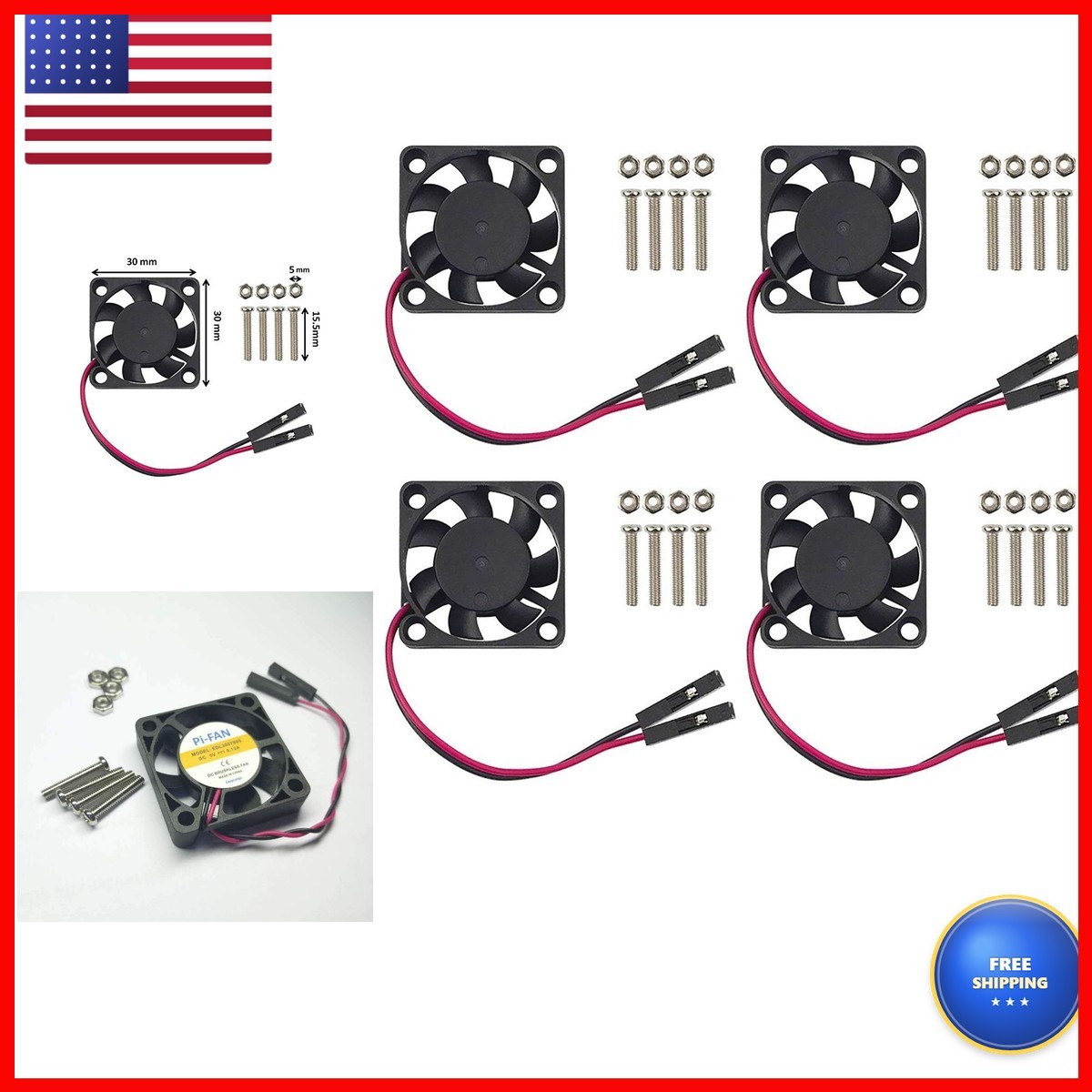 Easycargo 30mm Fan 5V 3.3V DC Quiet Fan for Raspberry Pi 5 4 3B+ 3007 (4-Sets)