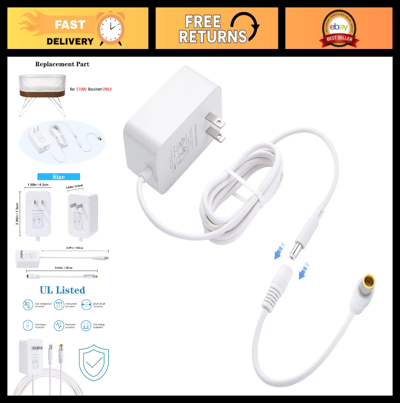Replacement 12V 4A Charger Adapter for Snoo Bassinet Power Cord - White Plug