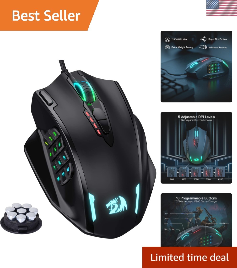 Ergonomic M908 Wired Gaming Mouse - 18 Programmable Buttons, Up to 12400 DPI