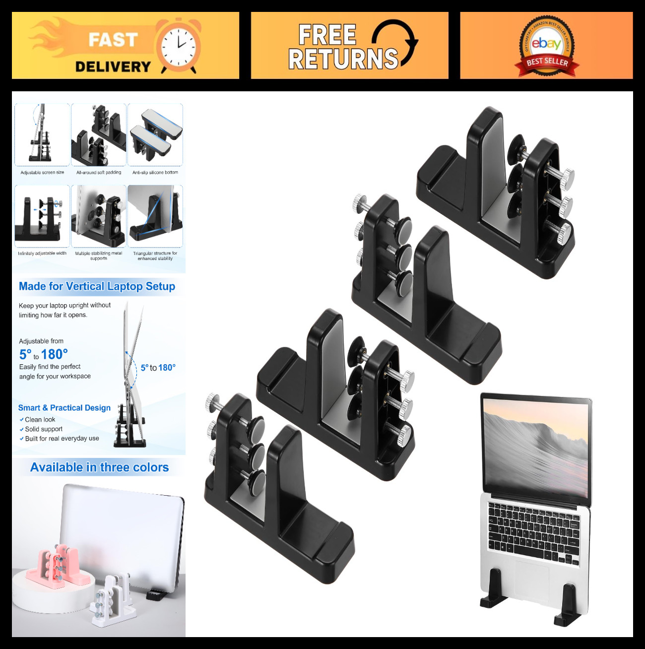 2-in-1 Vertical Laptop Stand, Adjustable ABS Notebook Holder, Space-Saving Dock,