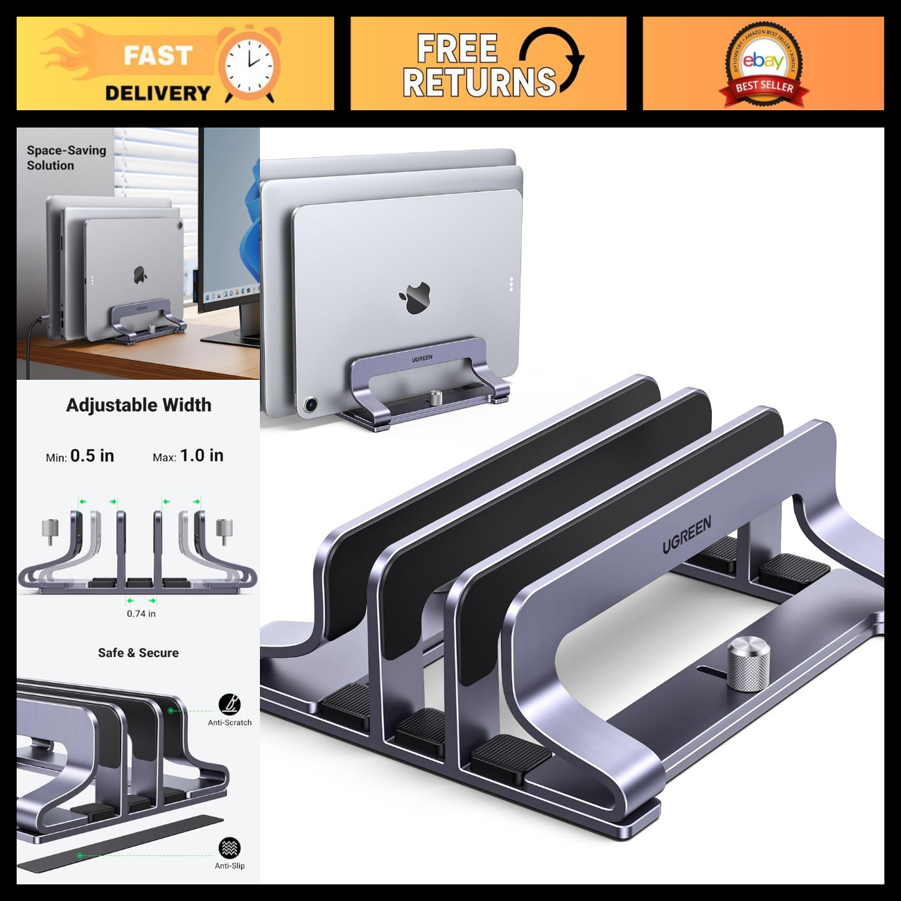 Adjustable 3-Slot Vertical Laptop Stand Holder for MacBook, Dell, HP, Lenovo - U