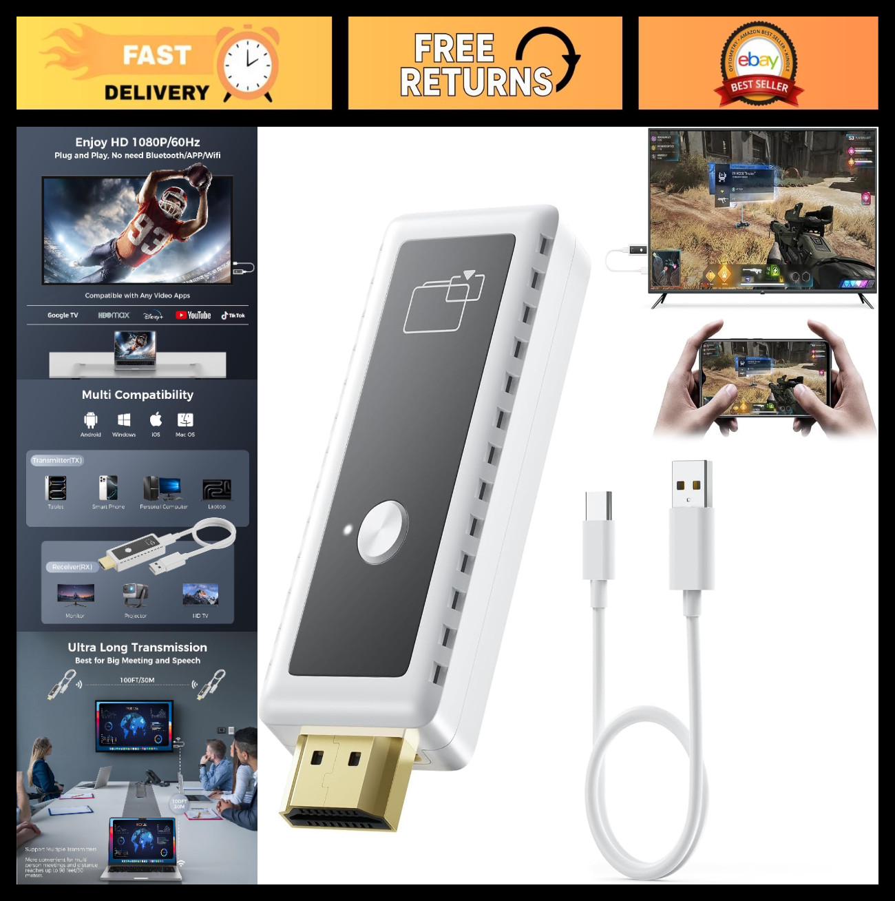 Wireless HDMI Display Dongle 1080P, 2-in-1 Transmitter & Receiver, Screen Mirror
