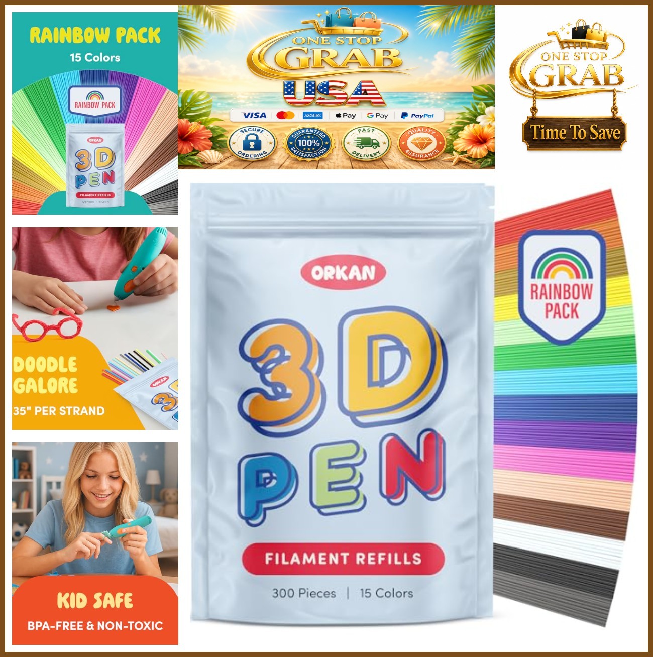 3D Pen Filament Refills 300 Strands 15 Rainbow Colors 2.5mm PCL Kid Safe Low