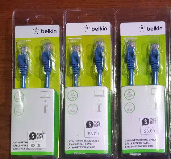 Lot of 3 - Belkin Ethernet Cable (Blue) Cat5e Networking Cable 2M 6.6ft | New