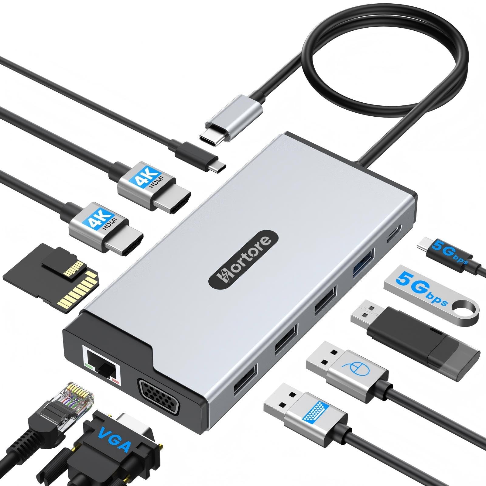 USB C Hub Multiport Adapter Triple Display Docking Station 4K 60Hz 100W PD