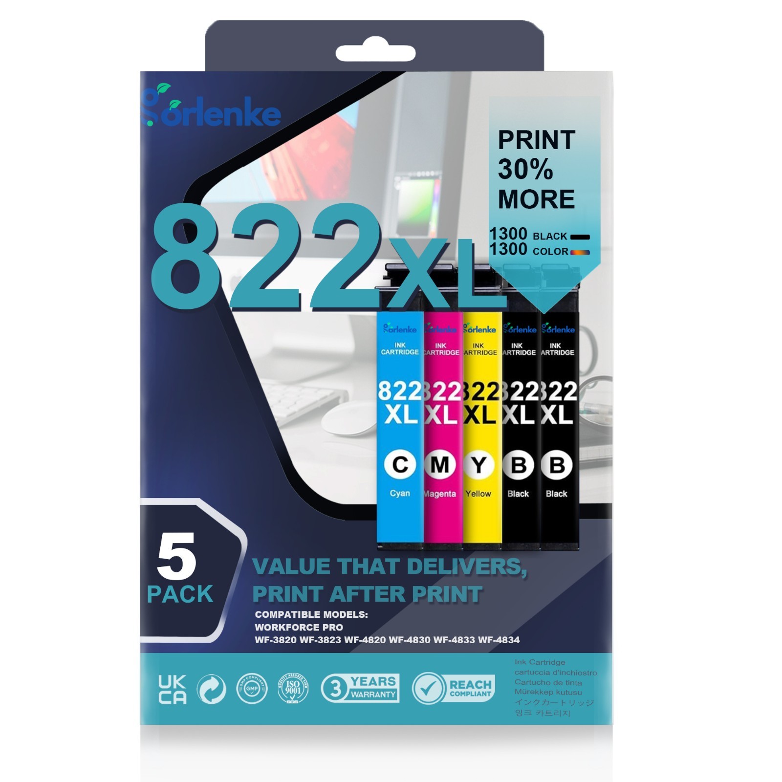 5PK 822XL Ink Cartridges For Epson WF-3820 WF-4820 WF-4833 WF-3823