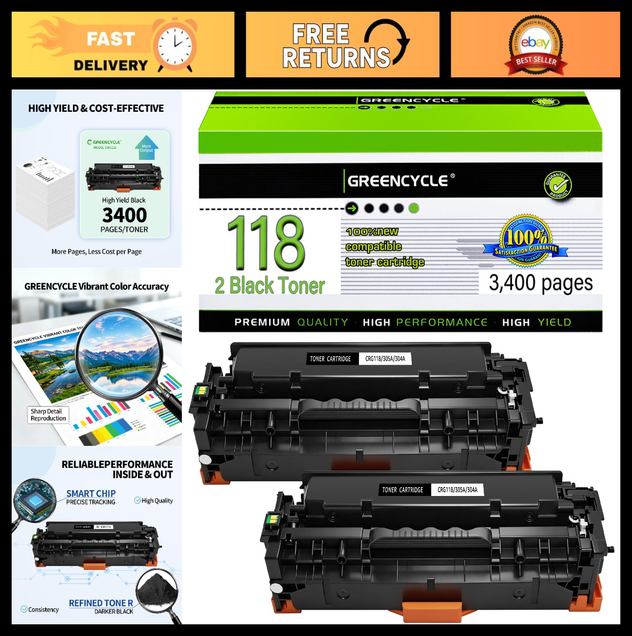 2 Pack Compatible Black Toner Cartridge CRG118 for Canon ImageCLASS Printers