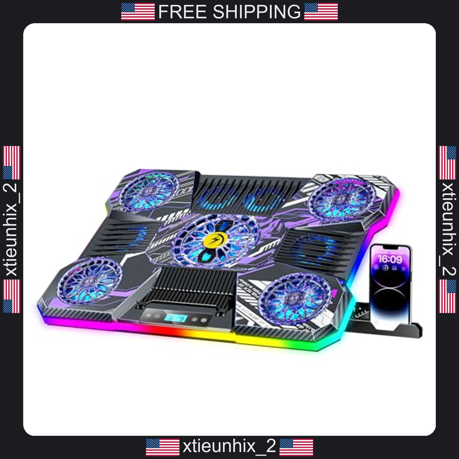Laptop Cooling Pad with 9 Fans, RGB Lighting, Adjustable Height