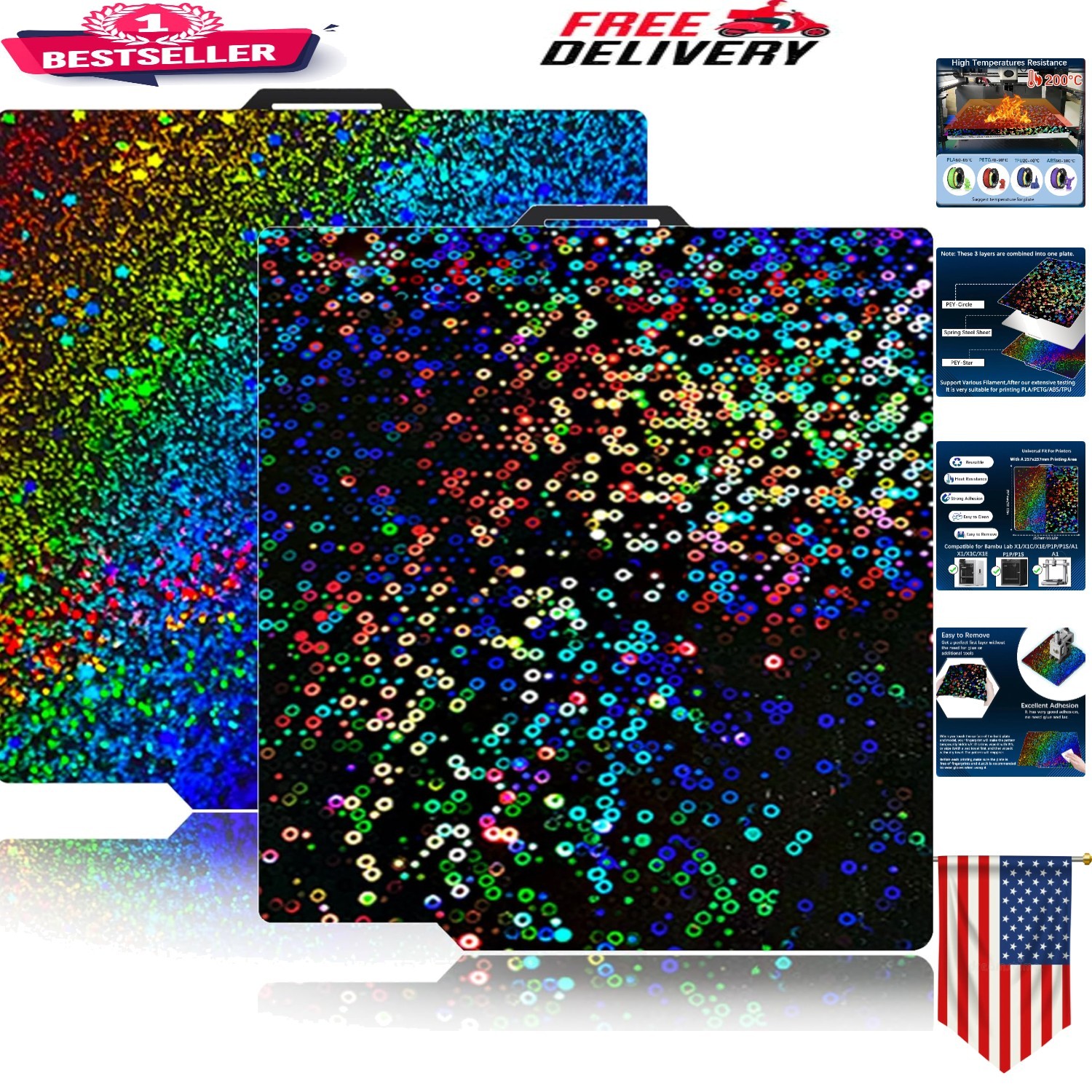 Versatile Holographic PEI Build Plate for Bambu Lab X-Series - 257x257mm Size