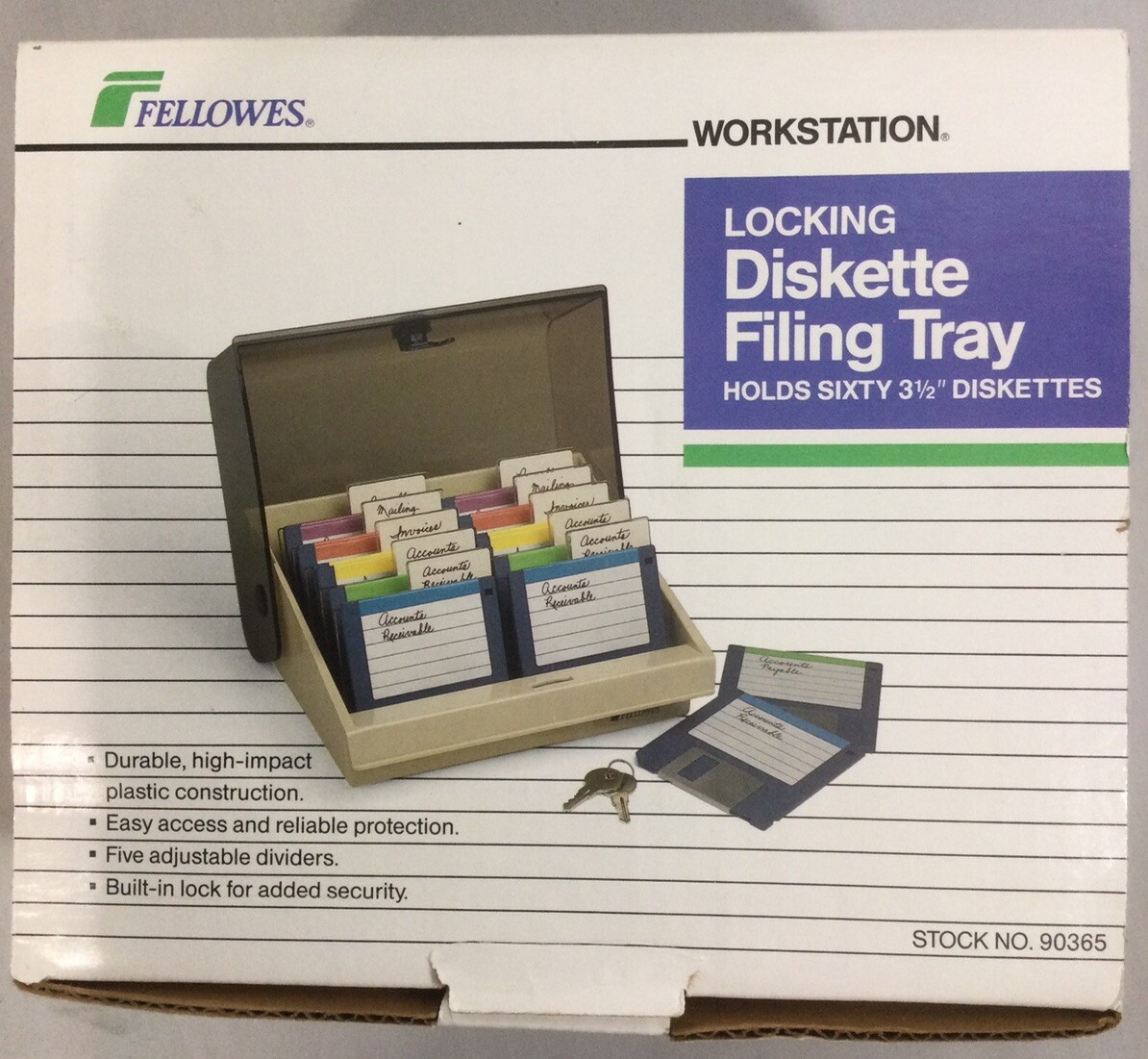 Vtg Fellowes 60 3.5" Floppy Disk Diskettes LockinG Filing Tray Storage #90365