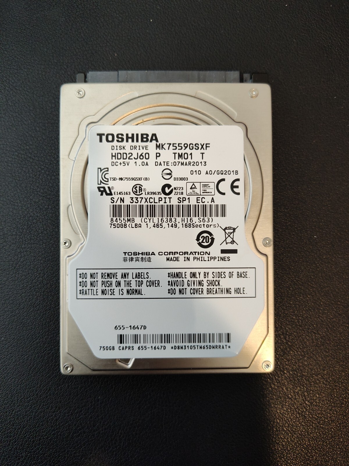 Toshiba 750GB Hard Drive HDD 2.5" SATA MK7559GSXF Laptop  5400RPM Item 065