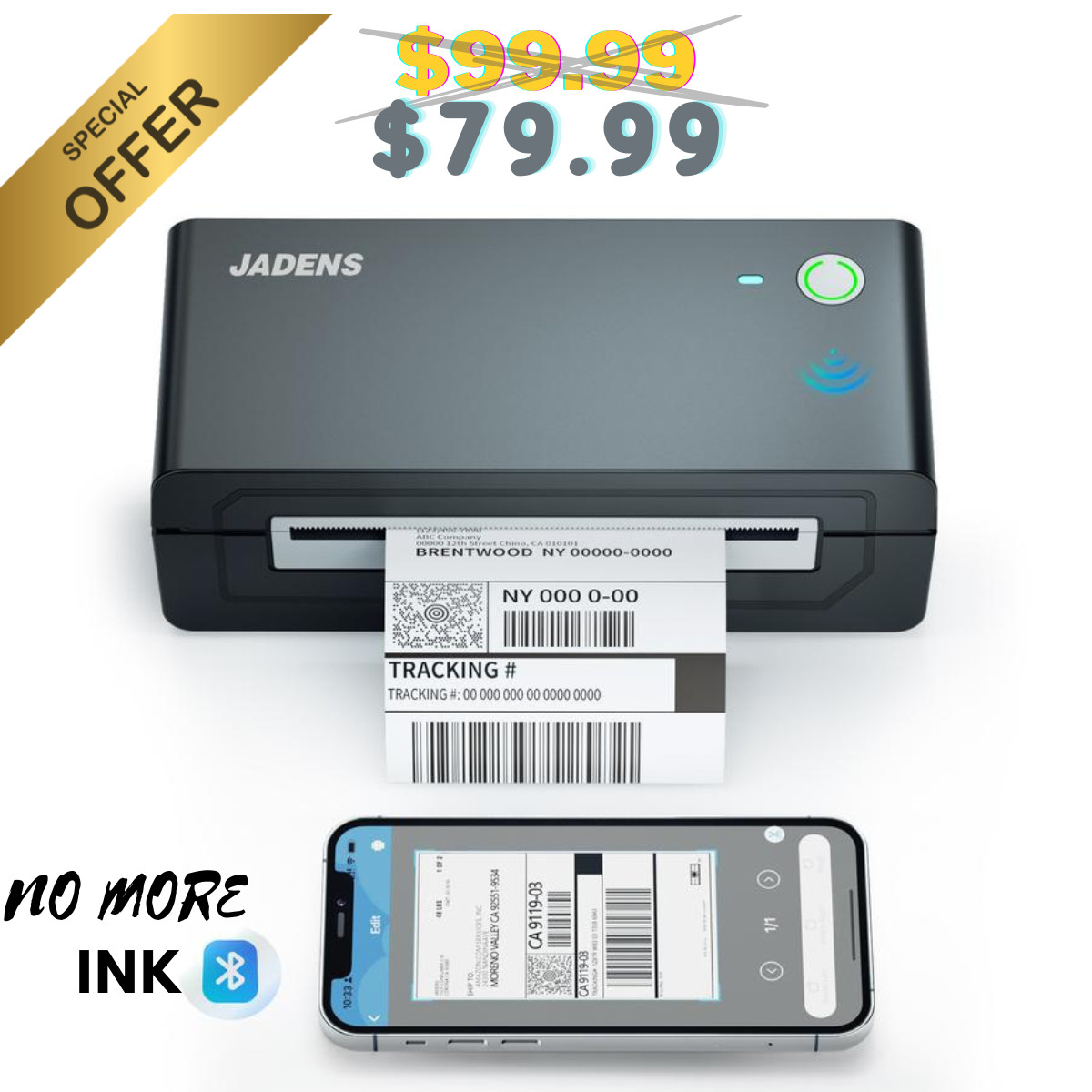 JADENS Shipping Label Printer, Bluetooth Wireless Thermal Label Printer