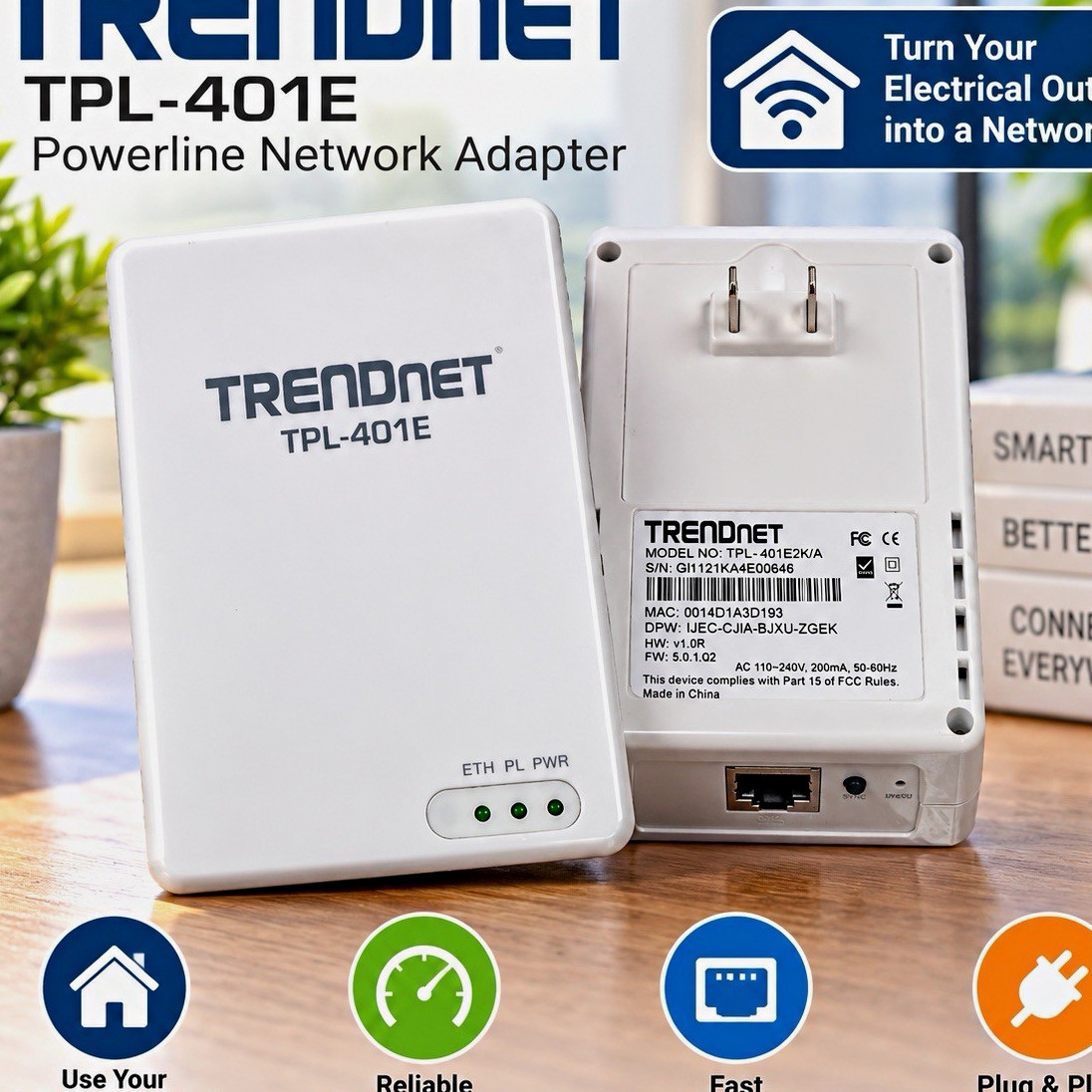 TRENDnet TPL-401E Powerline Adapter 500 Mbps, 100 Mbps Ethernet, Plug & Play