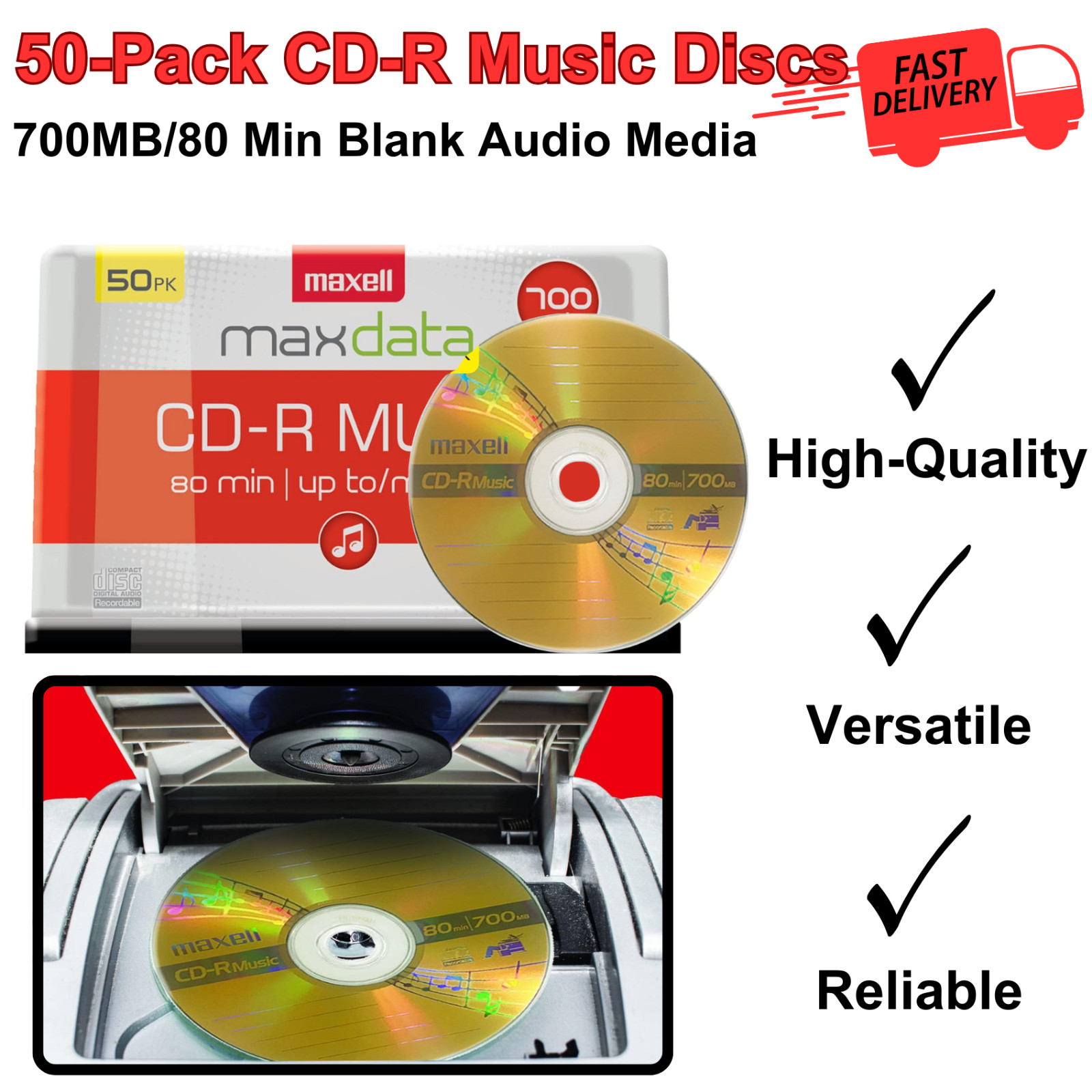 50-Pack CD-R Music Discs – 700MB/80 Min Blank Audio Media for One-Time Recording