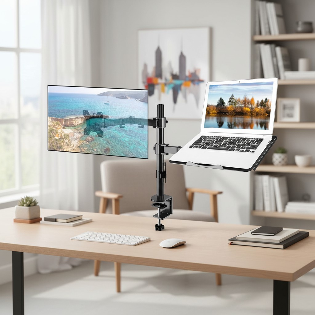 Monitor Arm Stand with Detachable Laptop Tray for Ergonomic Workspaces