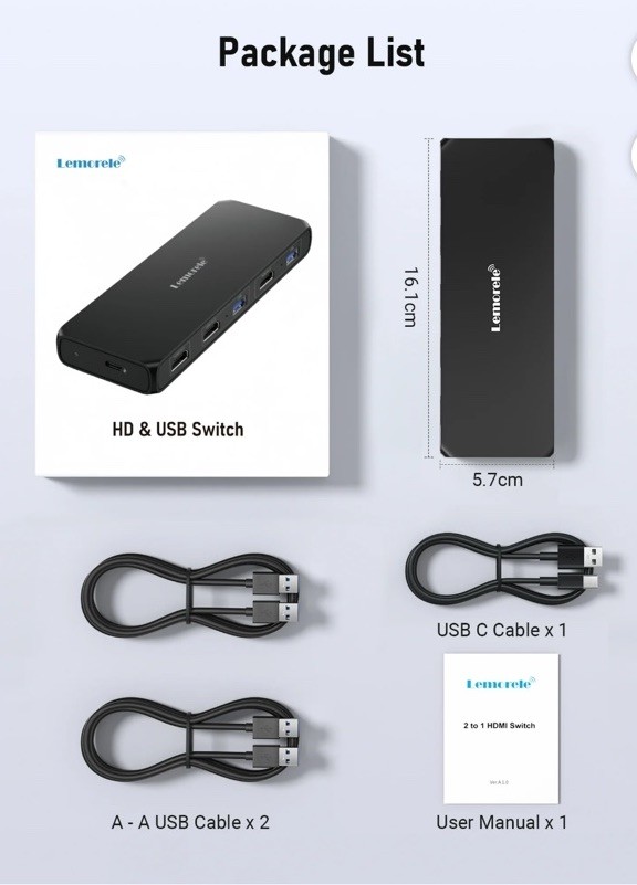 Lemorele HDMI KVM Switch 2 PCs 1 Monitor USB 3.0 4K@30Hz Ultra HD