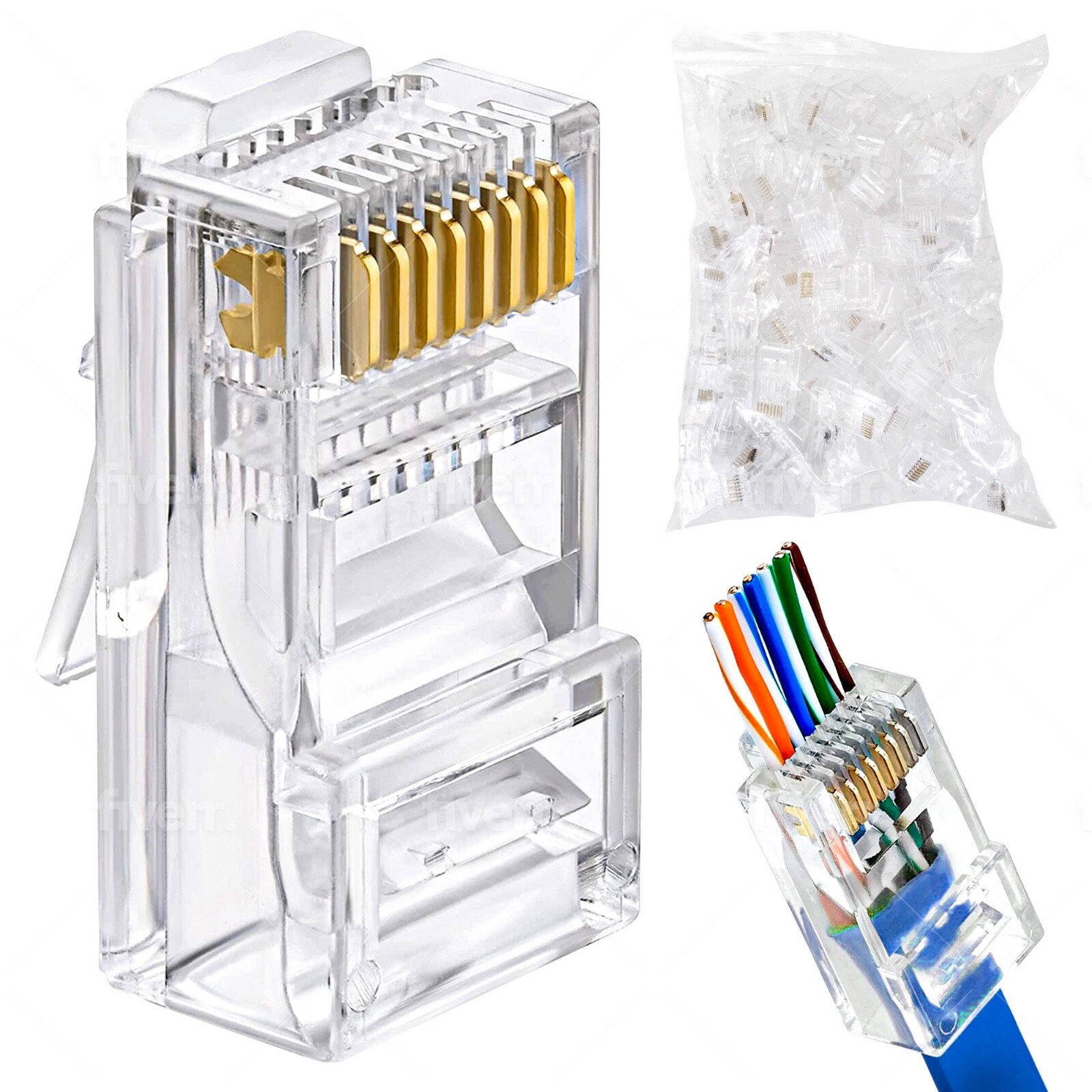 100pc RJ45 Cat5e Pass Through Connectors – EZ Crimp Ethernet Network Plugs