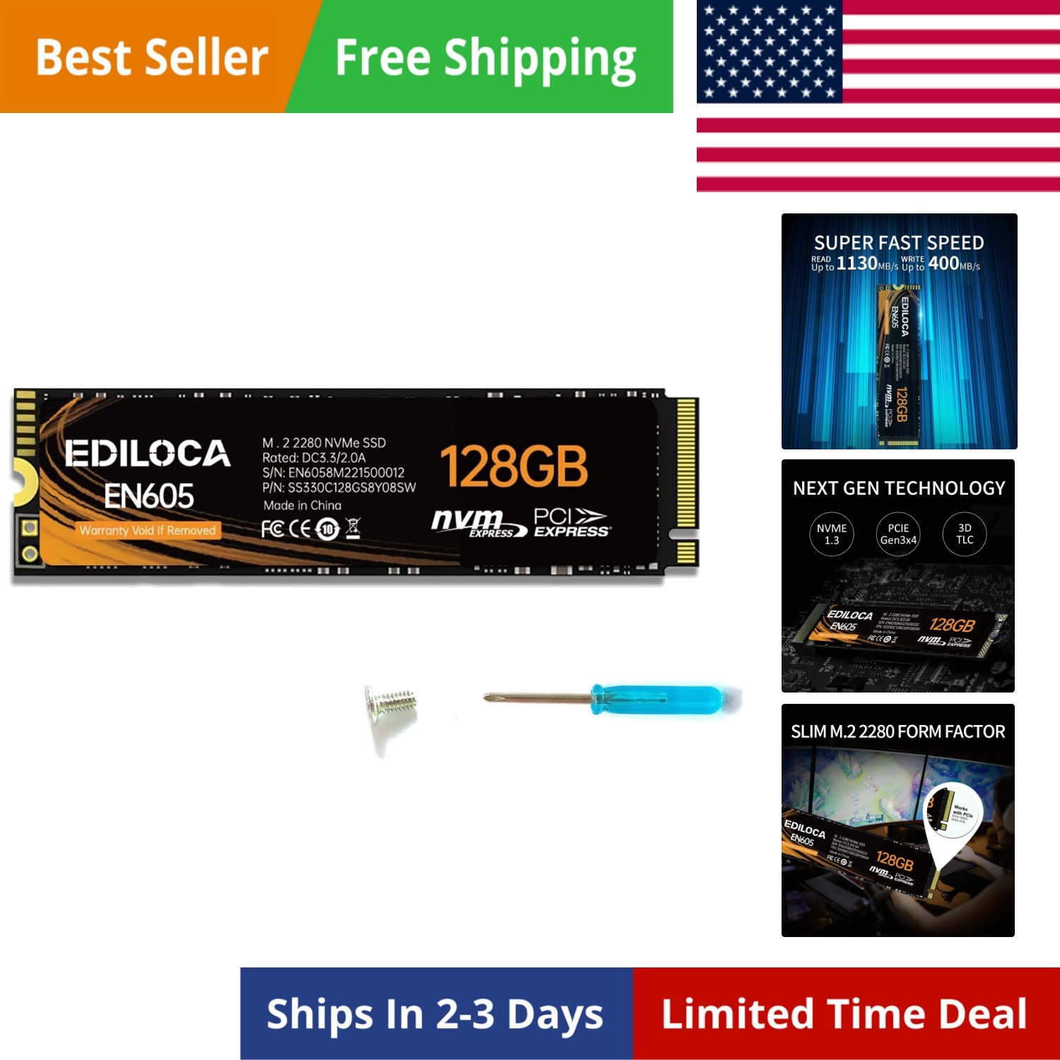 EN605 128GB M.2 SSD, NVMe1.3 PCIe Gen3 x4 SSD Internal Hard Drive, M.2 2280 -...