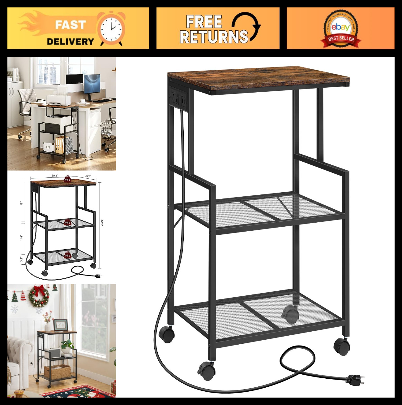 3-Tier Mobile Printer Stand with Power Outlets & USB Ports, Rolling Cart for Hom