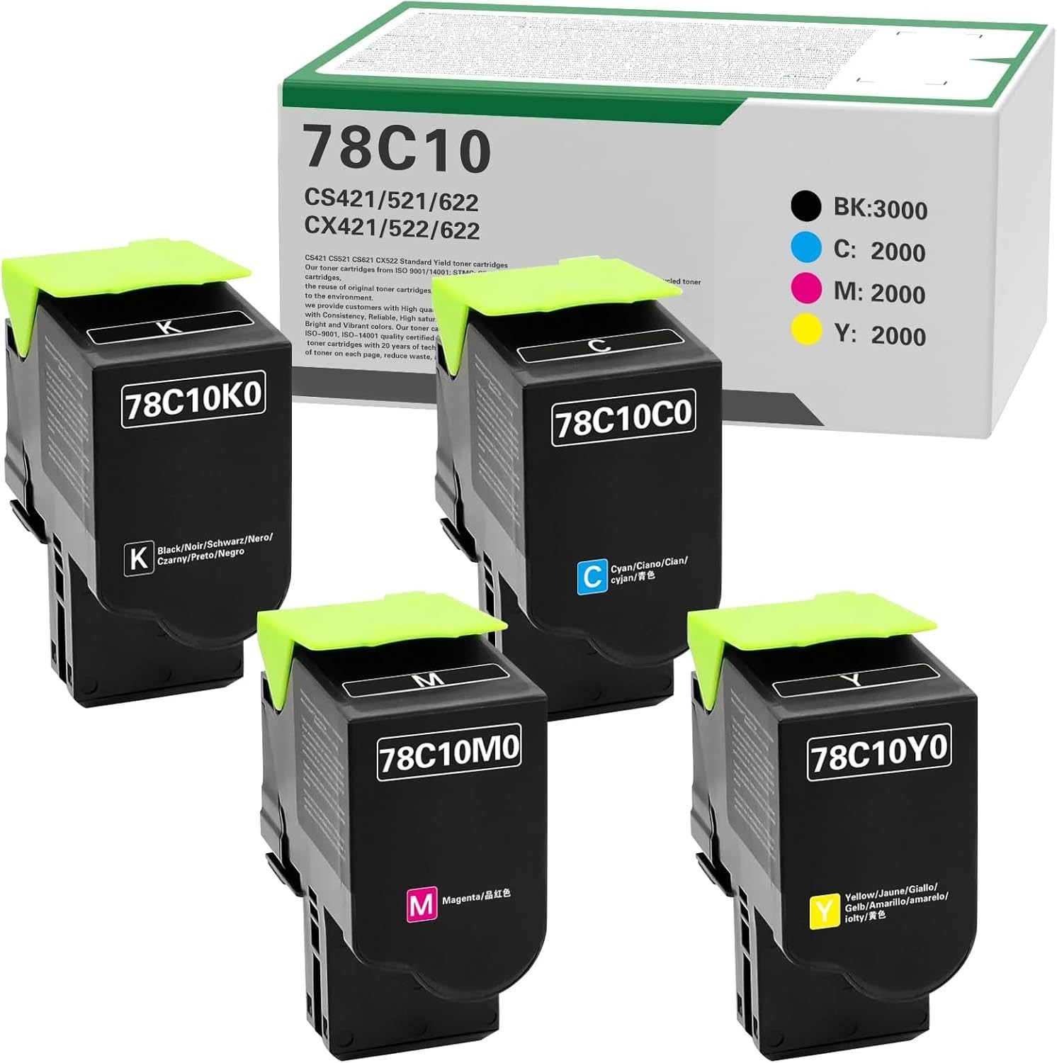 4 Pack Compatible Toner Cartridge for Lexmark 78C10K0 C0 M0 Y0 BCMY Printer