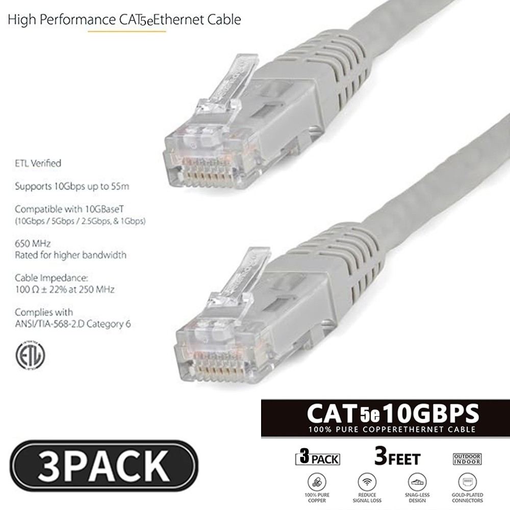 3-Pack 3ft Cat5e Flat Ethernet Cable RJ45 LAN Network Internet Patch Cord 10Gbps