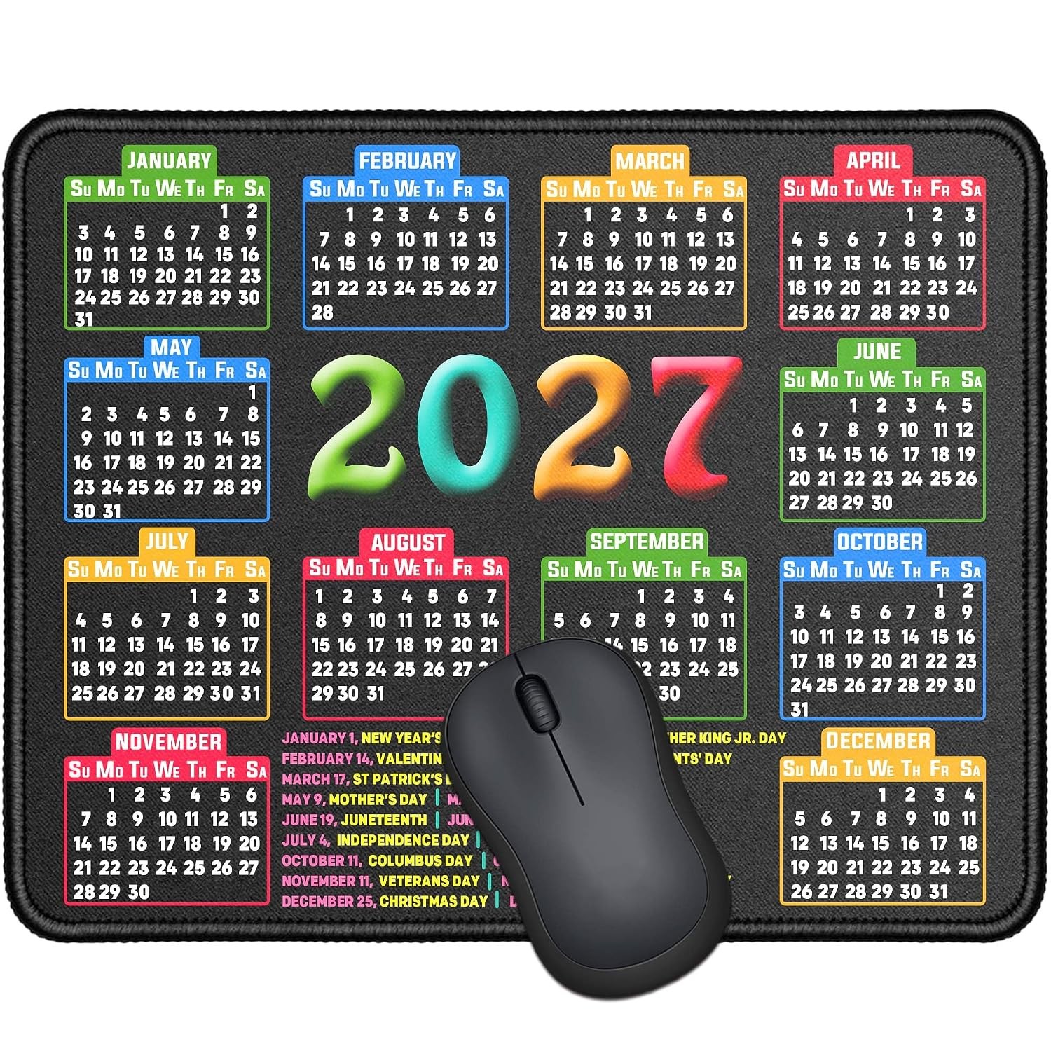 2027 Black Calendar Mouse Pad Stitched Edge Desk Calendar Pad