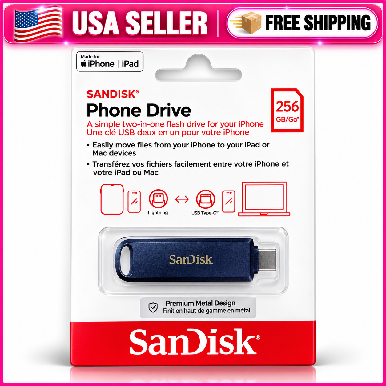 SanDisk 256GB Phone Drive Dual Flash USB-C & Lightning iPhone Mac Metallic Sky