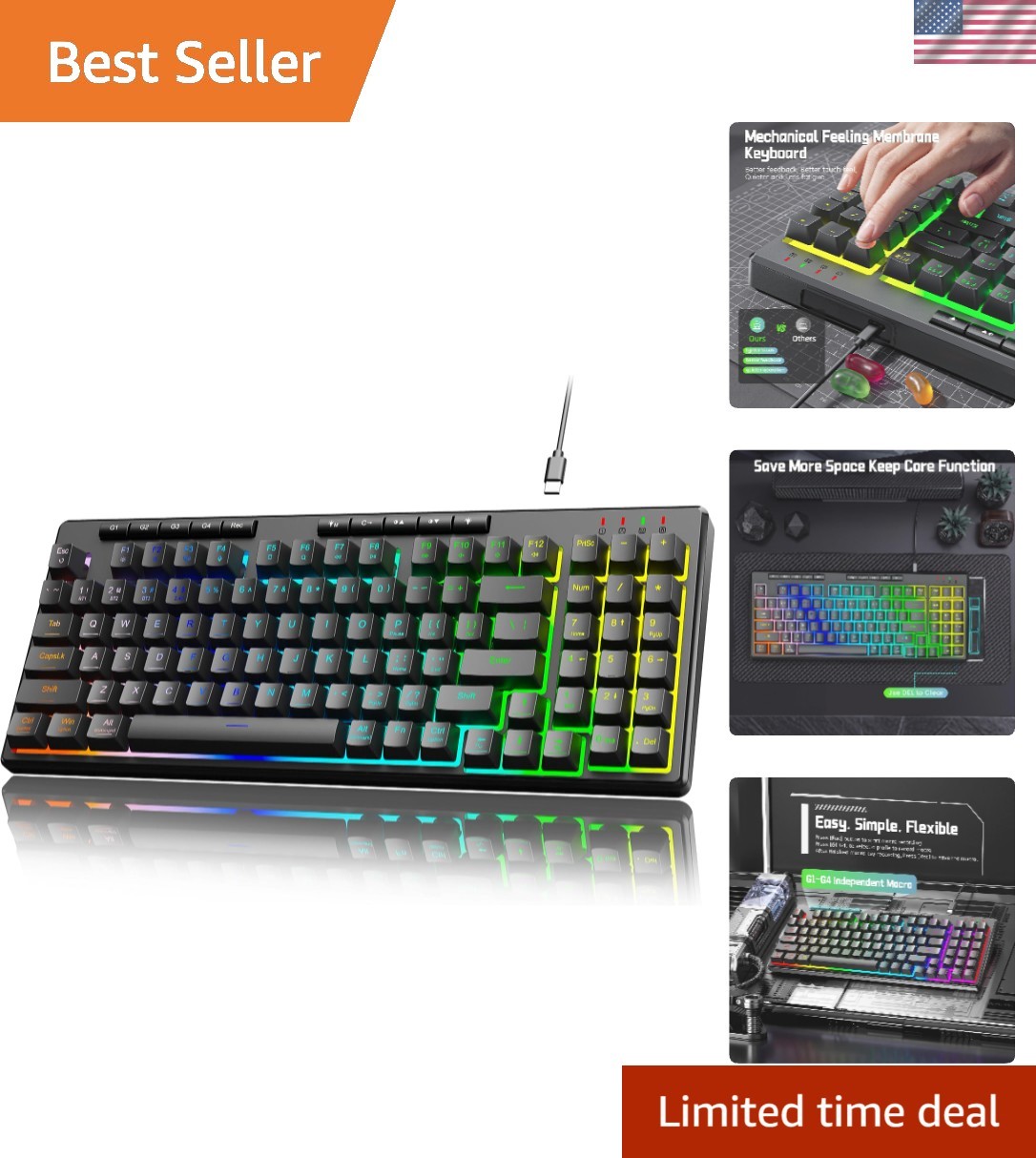 K517 Pro Wired Gaming Keyboard, RGB Backlit, Mechanical Feel 94 Keys Computer...