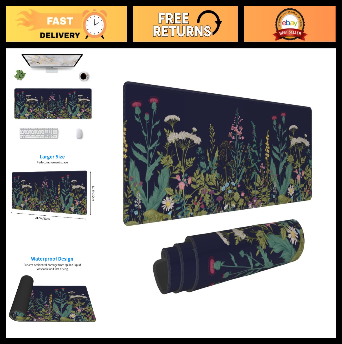 Floral Gaming Mouse Pad 31.5x11.8 Inch Non-Slip Rubber Base Desk Mat for Home &