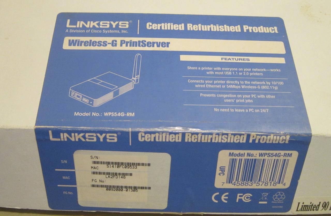 Cisco Linksys Wireless-G Print Server WPS54GU2 for USB 2.0 2.4GHz 802.11g