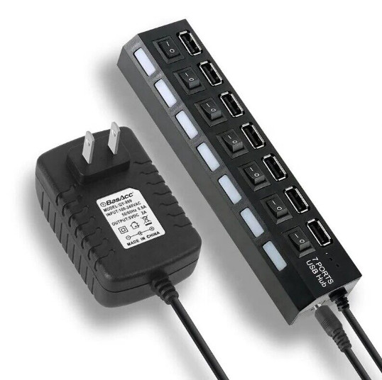 7 Port USB 2.0 For PC Laptop Mac Desktop With 5V 2a Power Supply For Outlets