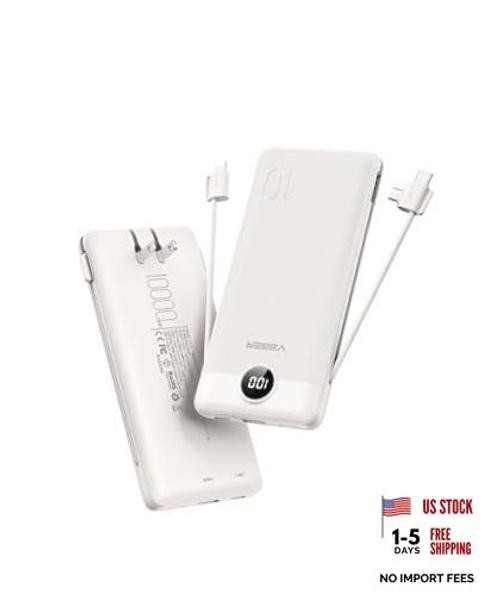 Portable Charger, Ultra Slim Power Bank Built in Wall Plug and Cables | Coffee