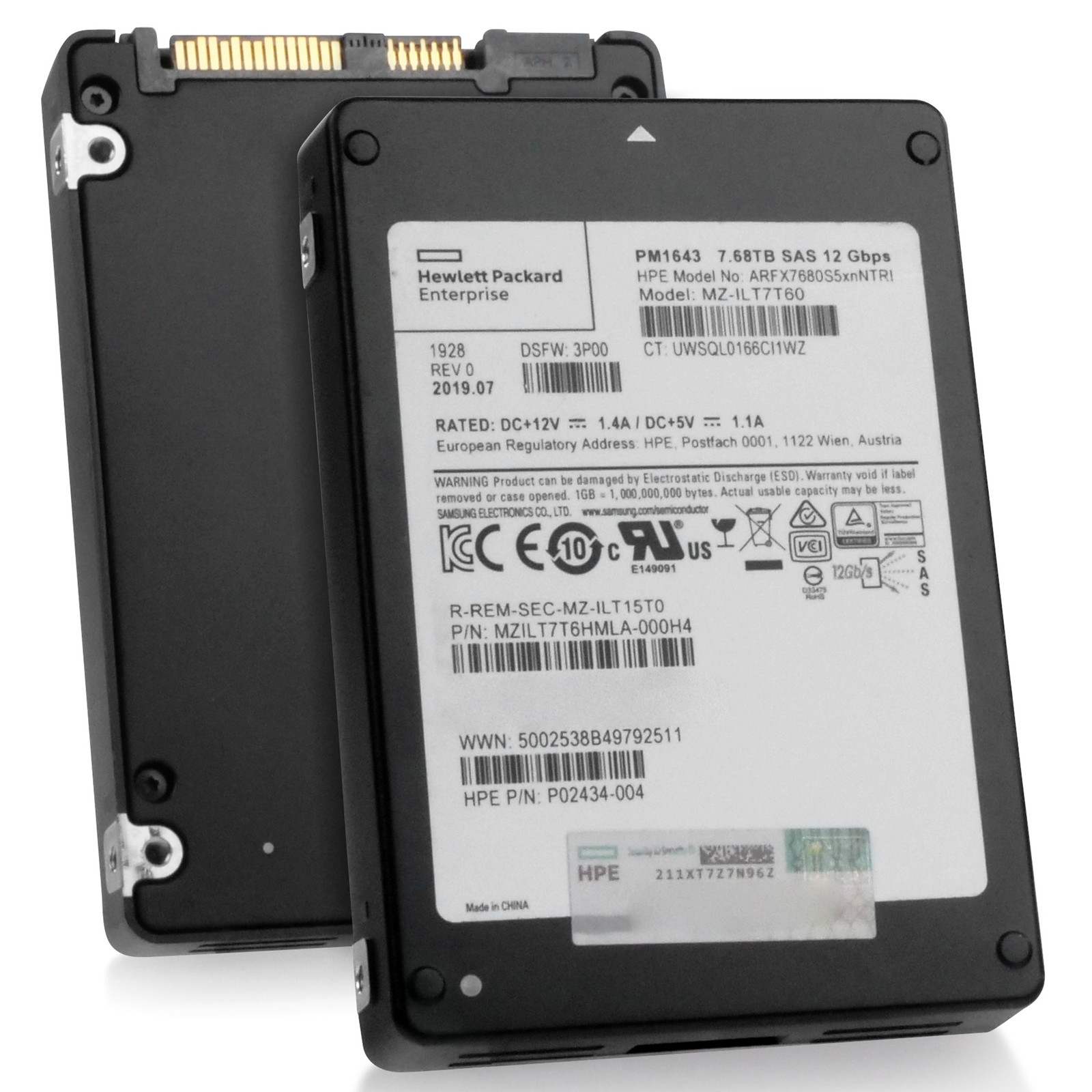 HP/Samsung MZILT7T6HMLA 7.68TB 3D TLC 1 DWPD SAS 12Gb/s 2.5" Enterprise SSD