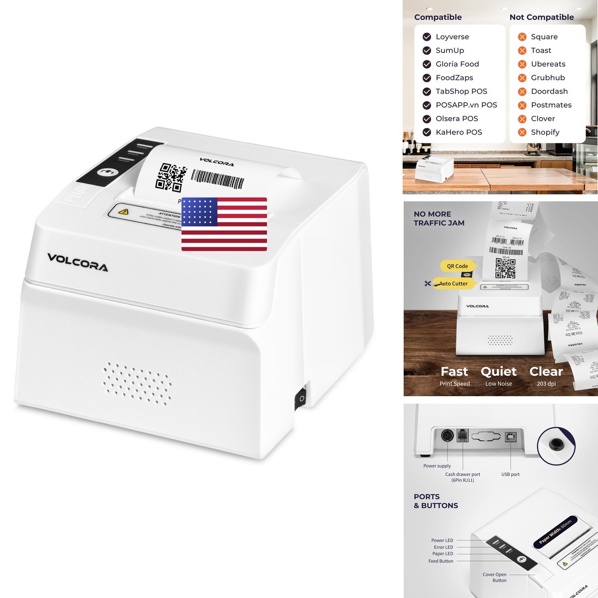 Volcora 500204 80mm Thermal Receipt Printer Auto Cutter USB + Bluetooth White