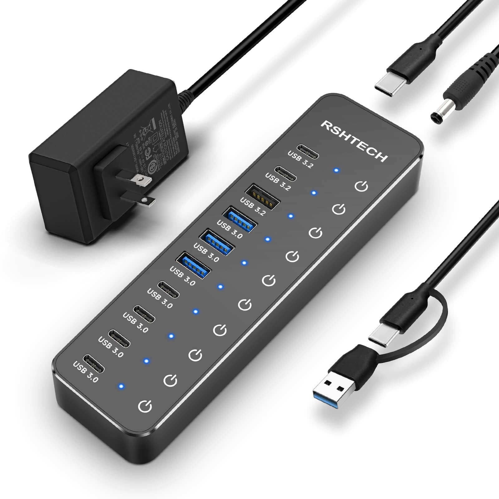 RSHTECH 10 Ports Powered USB 3.2/USB C Hub Splitter 60W with 3 x 10Gbps USB 3...
