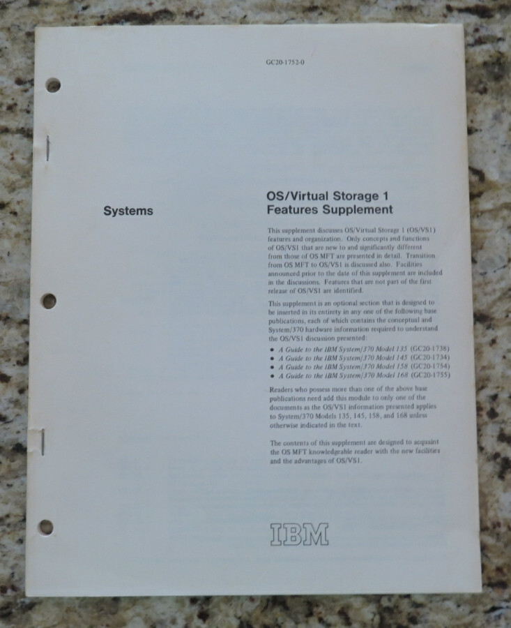Vintage IBM System / OS/Virtual Storage 1 Features Supplement Dated 1972