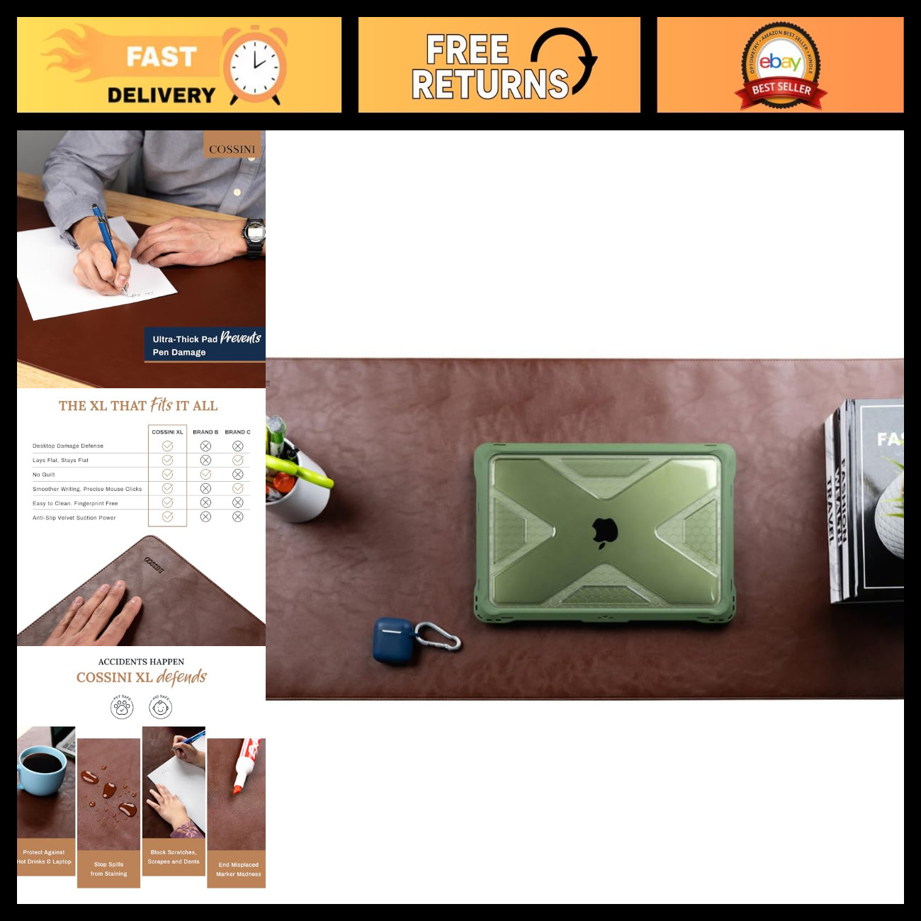 Large Vegan Leather Desk Pad - 17x36" Non-Slip Waterproof Mat for Home Office, S