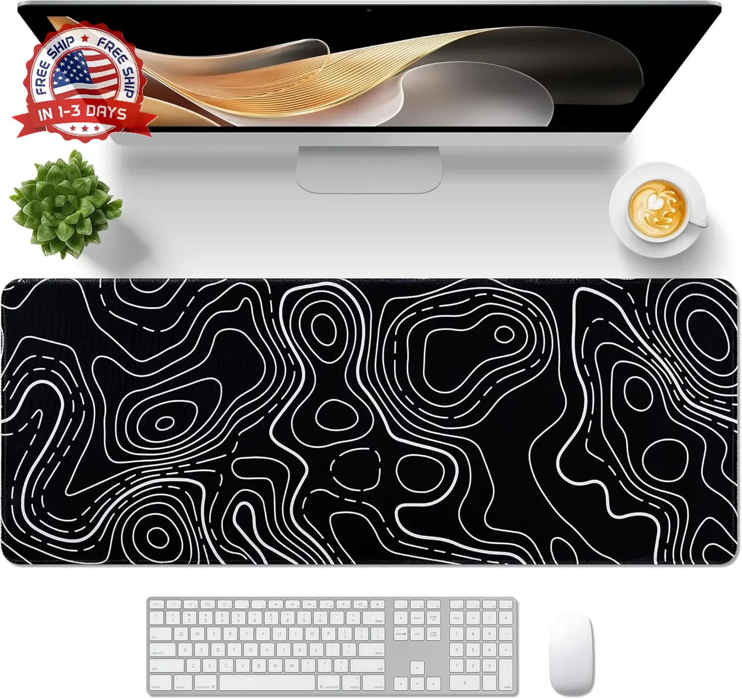 Bloss Topographic Mouse Pad Large Desk Mat 31.5" x 11.8", Black Mouse Keyboard P