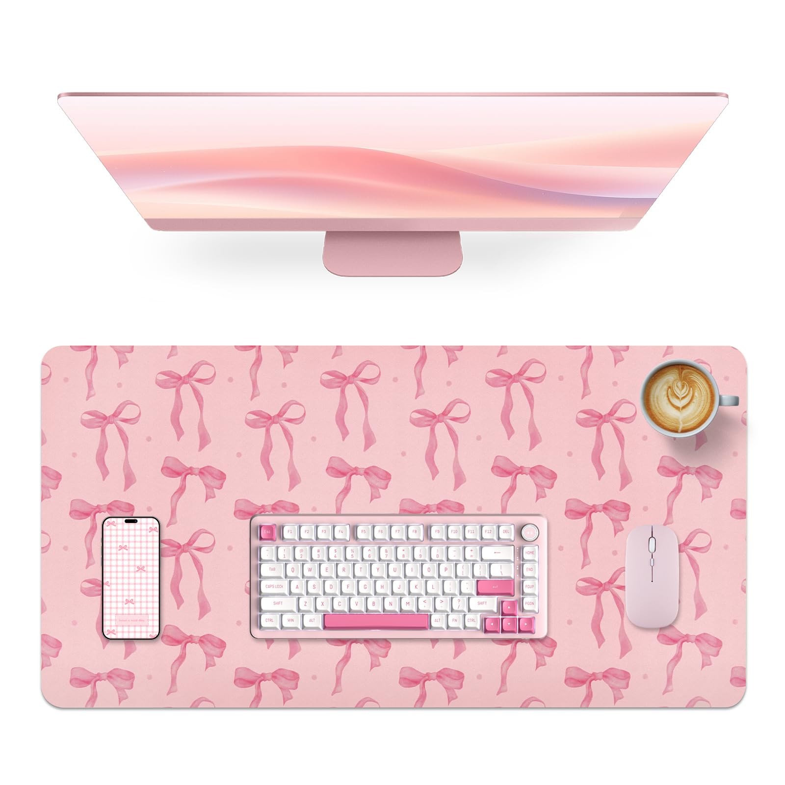 Pink Desk Mat, Large Pad Pink Bow Keyboard Mat Computer Pad, Cute Girly Pink ...