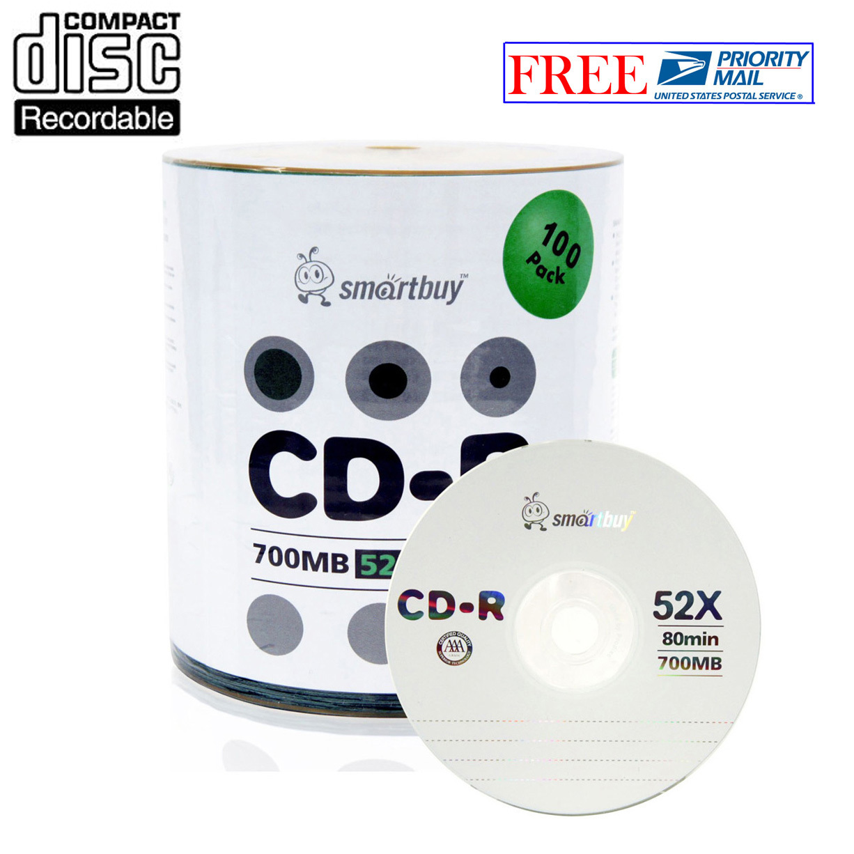 100 Pack Smartbuy CD-R 52X 700MB/80Min Logo Top Surface Blank Media Record Disc
