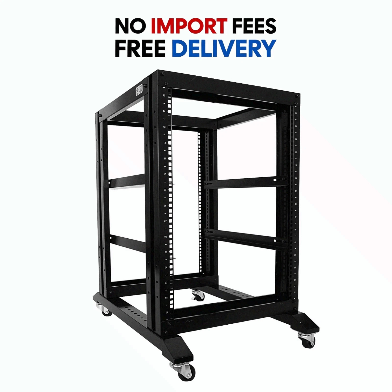 15U 4 Post Open Frame Server Rack 19” – 24” Deep Steel Data & Audio Network Rack