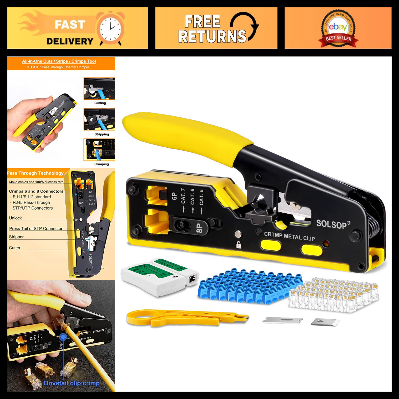 All-in-One Ethernet Crimp Tool Kit, Pass Through RJ45 Crimper, Networking Tool