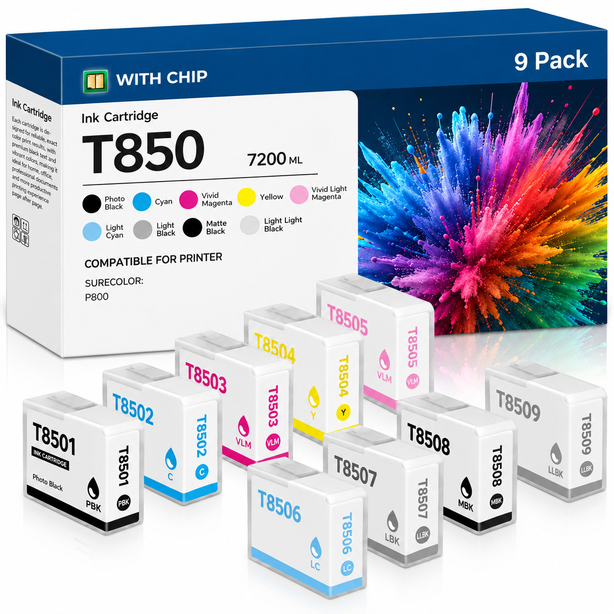 T850 Ink High Capacity with Chip For T850 SureColor P800 Printers (9-Pack 80ML) 