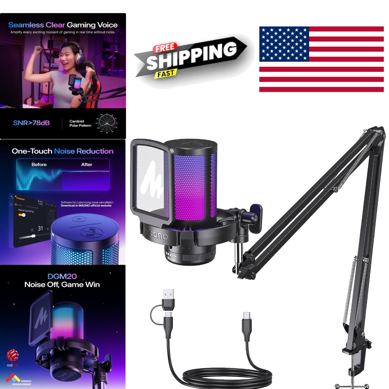 USB Condenser Mic with RGB Lighting and Noise Cancellation for YouTube Streaming