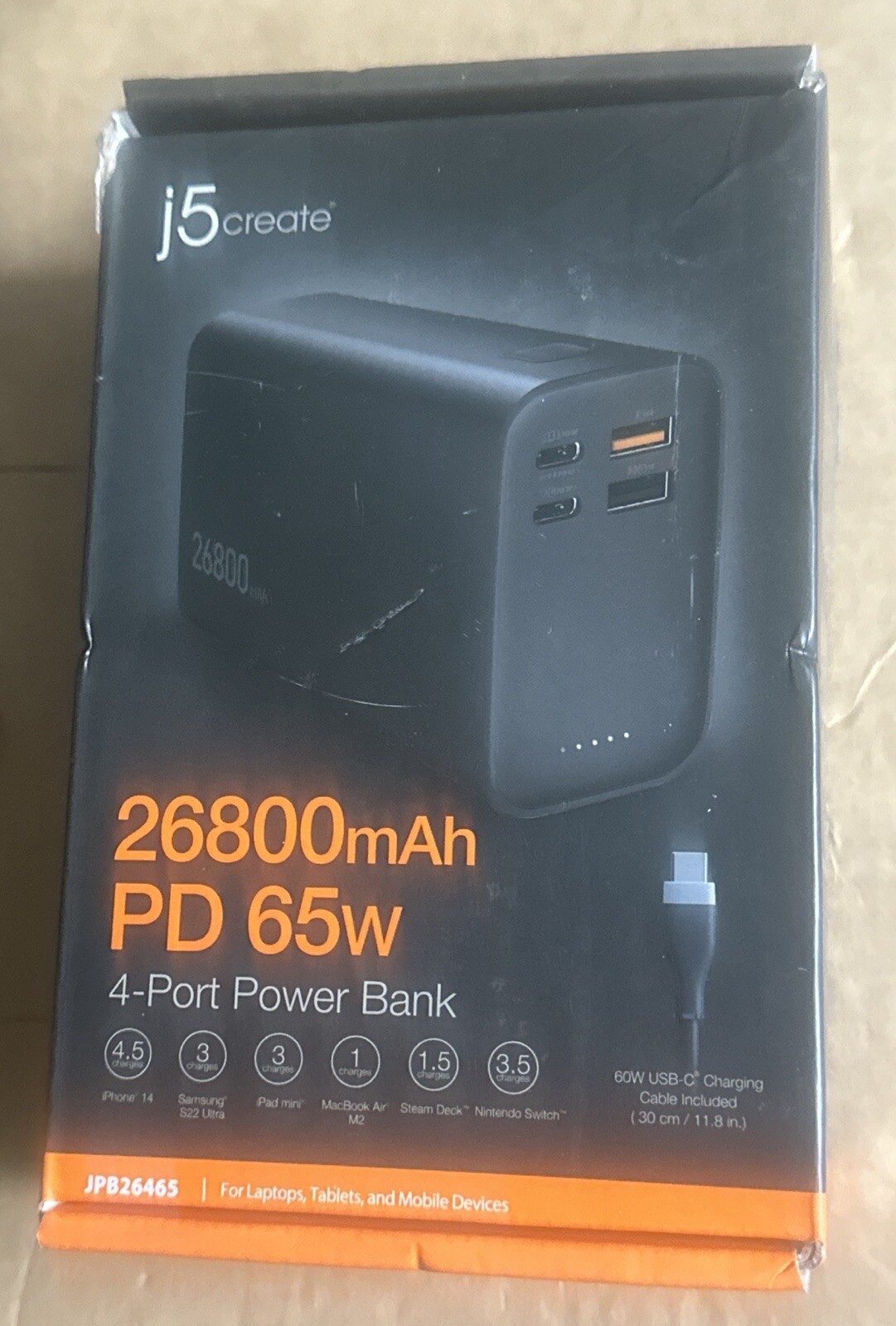 j5Create - 26800mAh PD 65W 4-Port Power Bank - JPB26465 - Black - NEW & SEALED