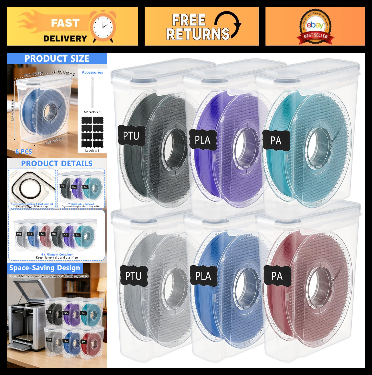 6 Pack 3D Printing Filament Storage Box - Dust-Proof, Reusable Organizer with Si