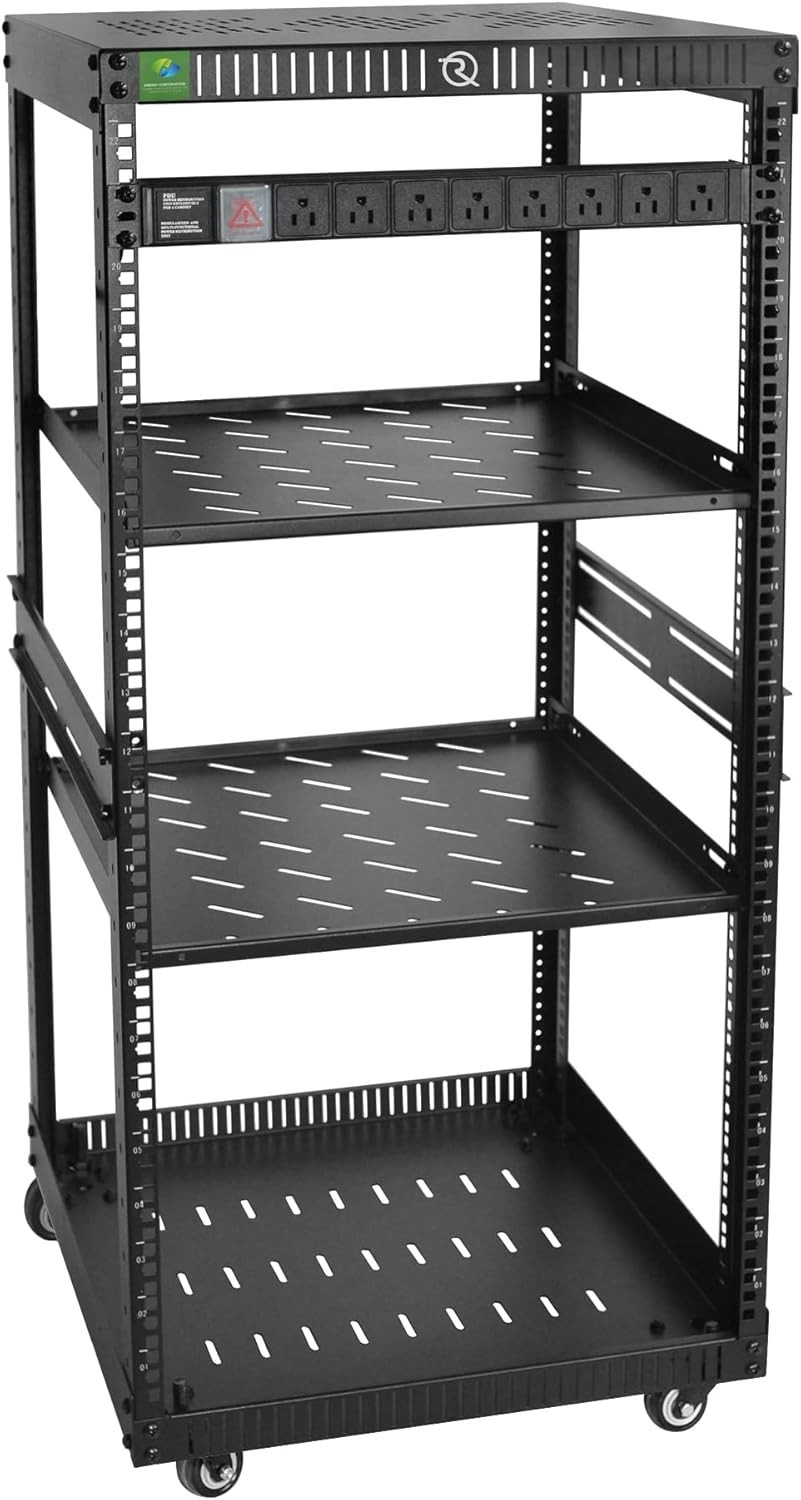 22U Network Rack w/Reinforced Top/Bottom Vented Plates, 2 Shelves 500lb max PDU