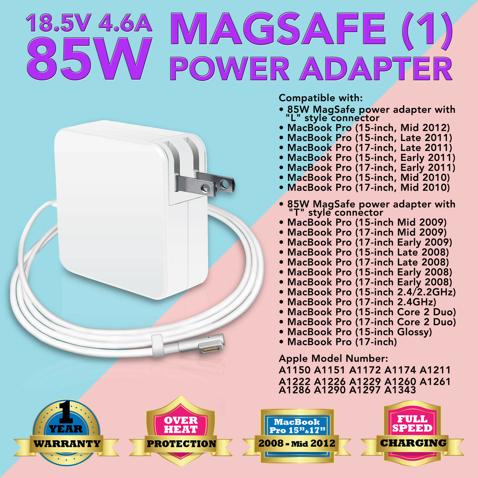 85W Power Adapter Charger for Apple MacBook Pro 13" 15" 17" A1172 A1260 A1229