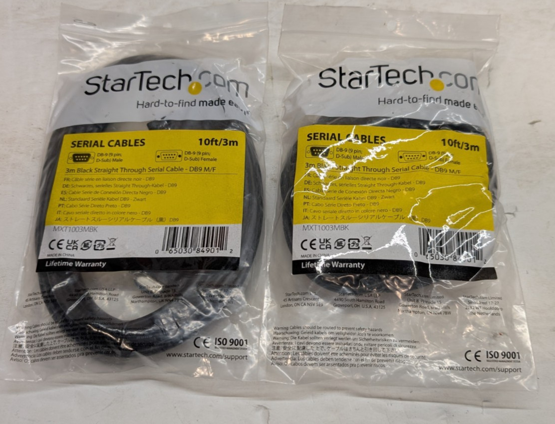 2x StarTech MXT1003MBK 10ft/3m Black DB9 M/F Straight Through Serial Cable NOS